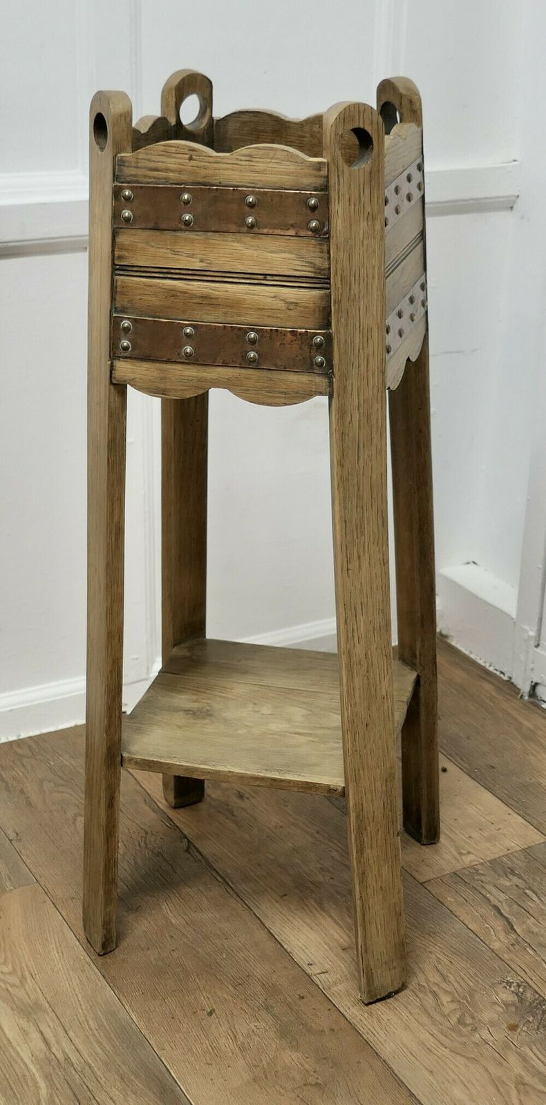 A Very Attractive Arts And Crafts Oak And Copper Jardinière, Plant Stand photo for sale