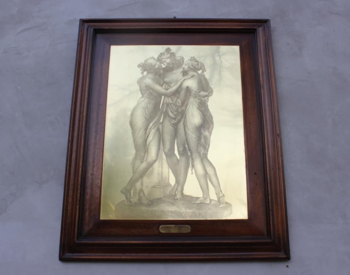 The Three Graces Vintage Dry Point Etching On Metal Plate, Framed Metal Lithography Art photo furniture