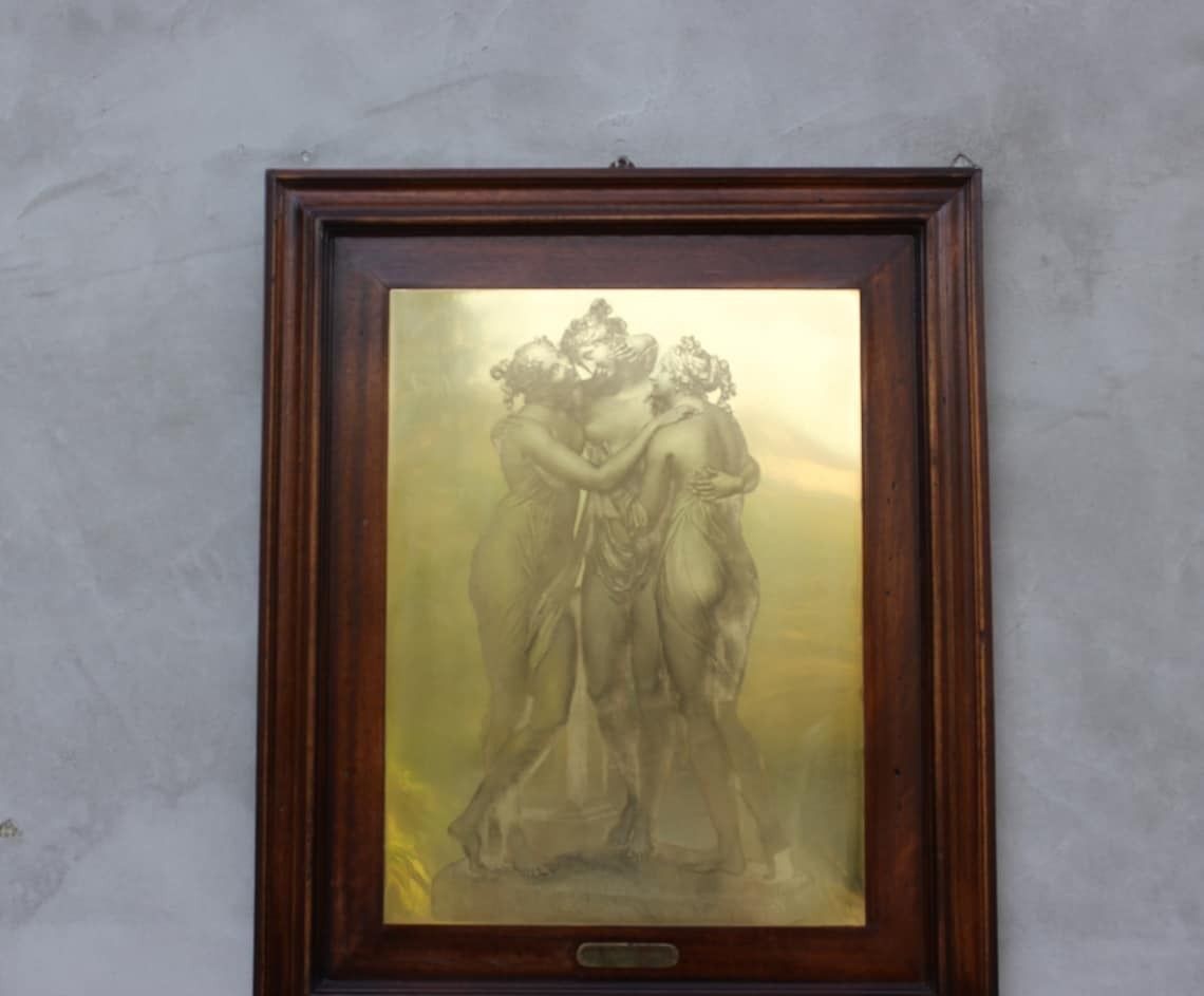 The Three Graces Vintage Dry Point Etching On Metal Plate, Framed Metal Lithography Art photo for sale