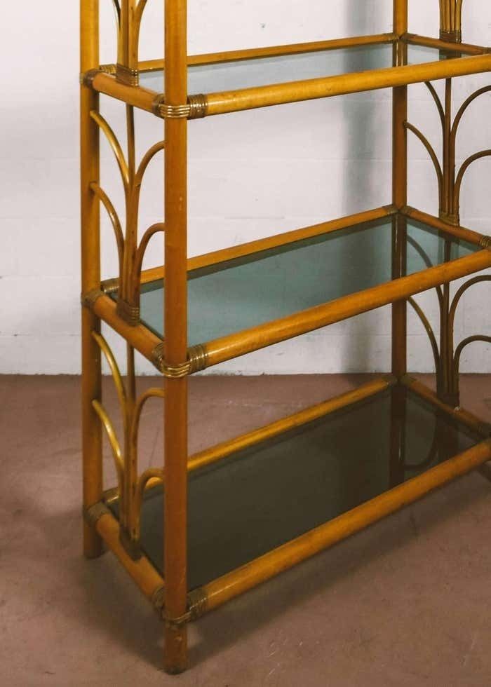 Bamboo Bookcase With Glass Shelves 1980s photo for sale