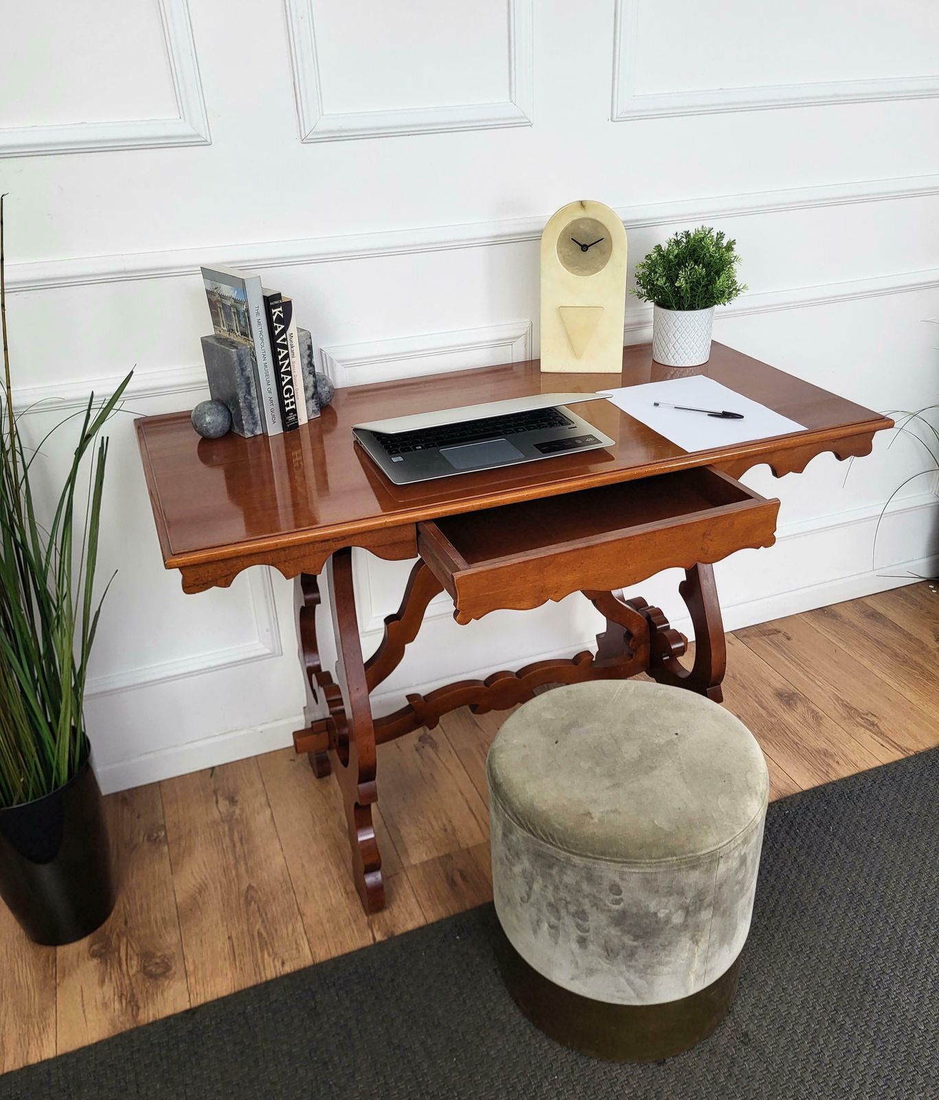 Italian Walnut Baroque Style Lyre Leg Trestle Refectory Desk Writing Table photo for sale