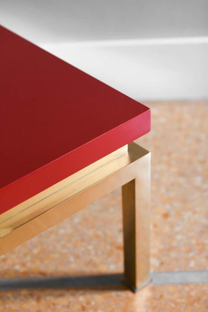 China Red Lacquered Coffee Table With Brass Structure Tommaso Barbi Italy 1980 photo Furniture