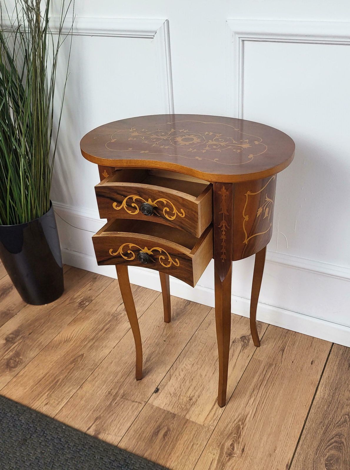 Italian Antique Marquetry Kidney Shaped Walnut Side Table With Two Drawers photo for sale