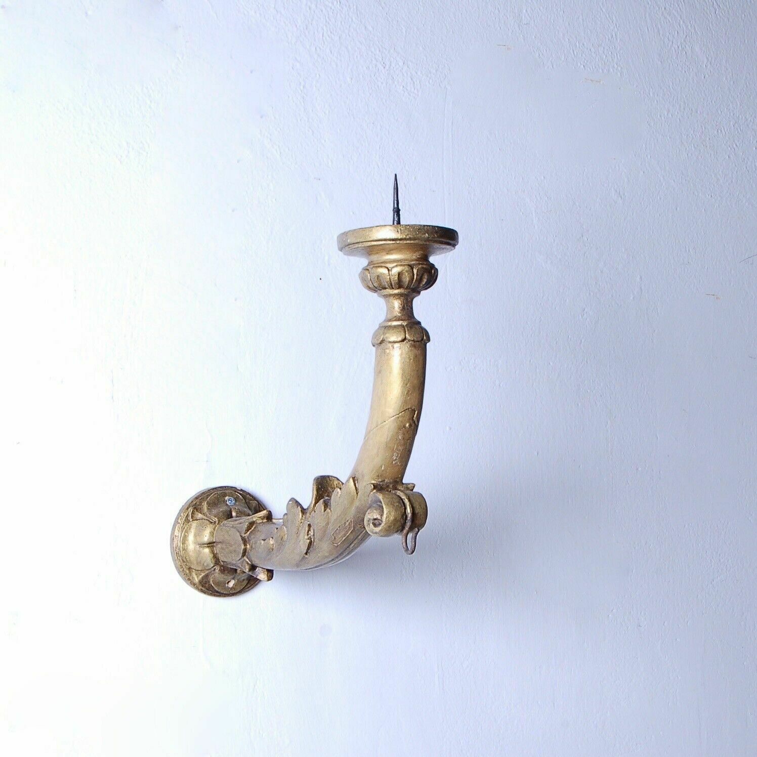 Old Wall Candle Holder From The 19th Century With An Ecclesiastical Gilded Wooden Arm
