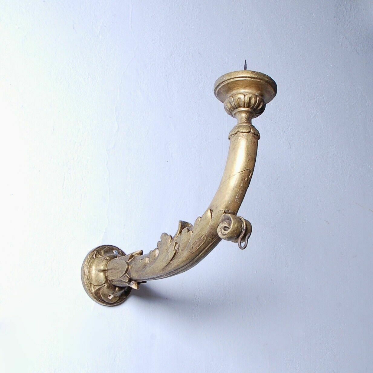 Old Wall Candle Holder From The 19th Century With An Ecclesiastical Gilded Wooden Arm photo for sale
