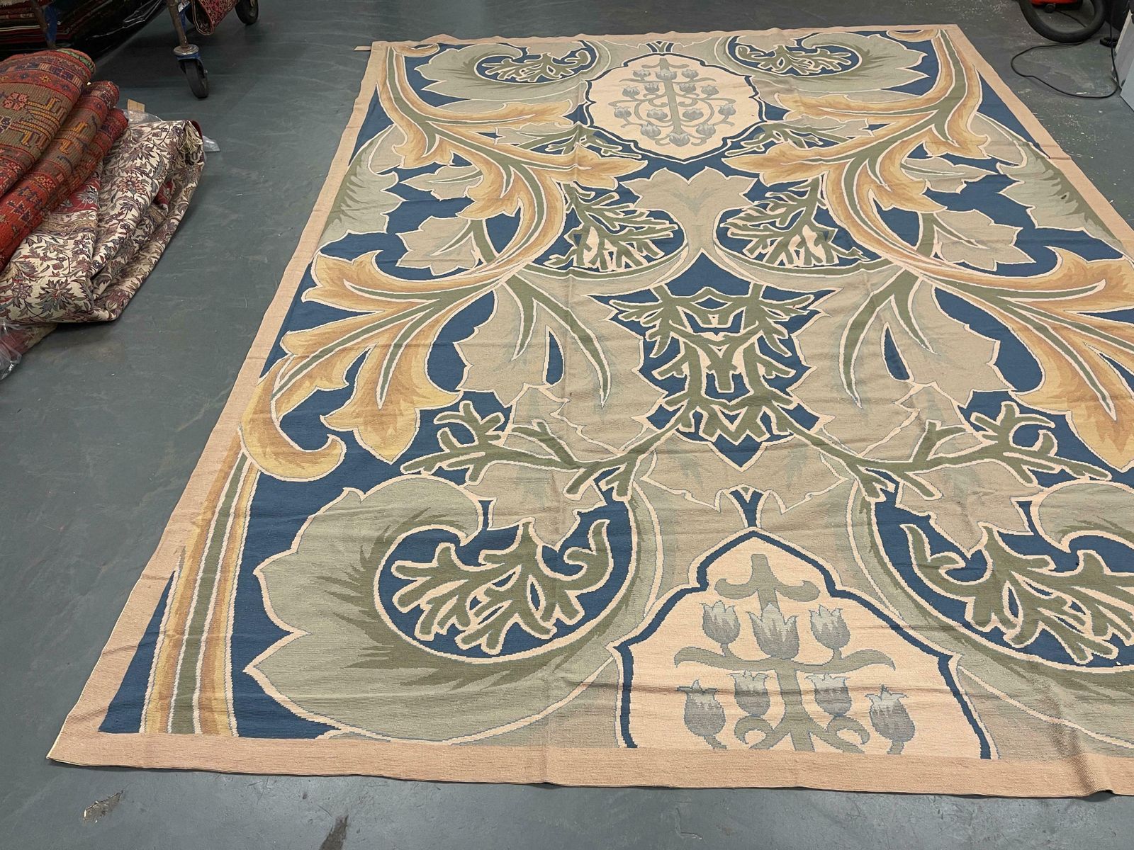 Botanical Green Rug Art Nouveau Carpet Aubusson Rug Handwoven Wool Needlepoint photo for sale