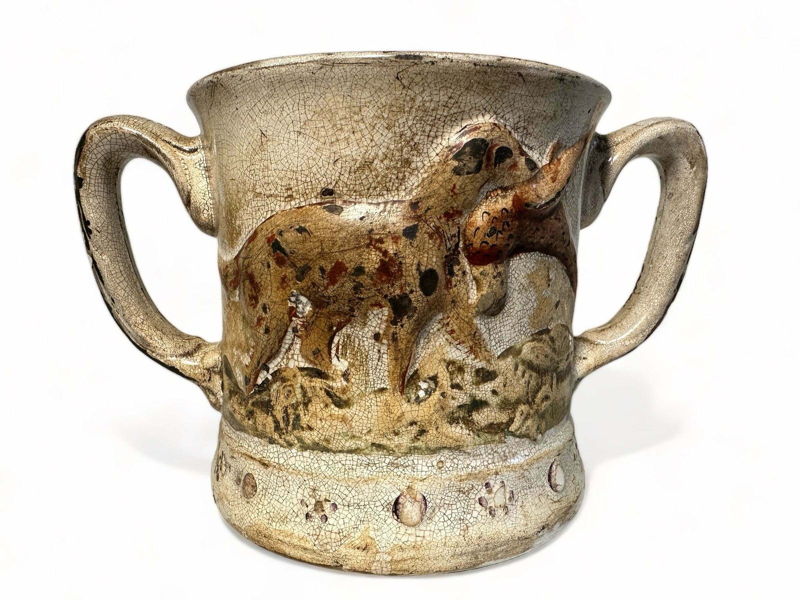 Early Antique Staffordshire Earthenware Pottery Double Handled Toad Mug With Hunting Dogs/Scenes Circa 1775 photo furniture