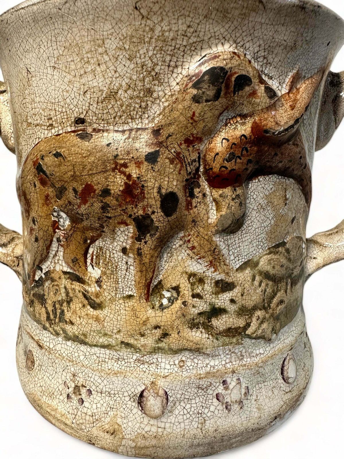 Early Antique Staffordshire Earthenware Pottery Double Handled Toad Mug With Hunting Dogs/Scenes Circa 1775 photo 710.0
