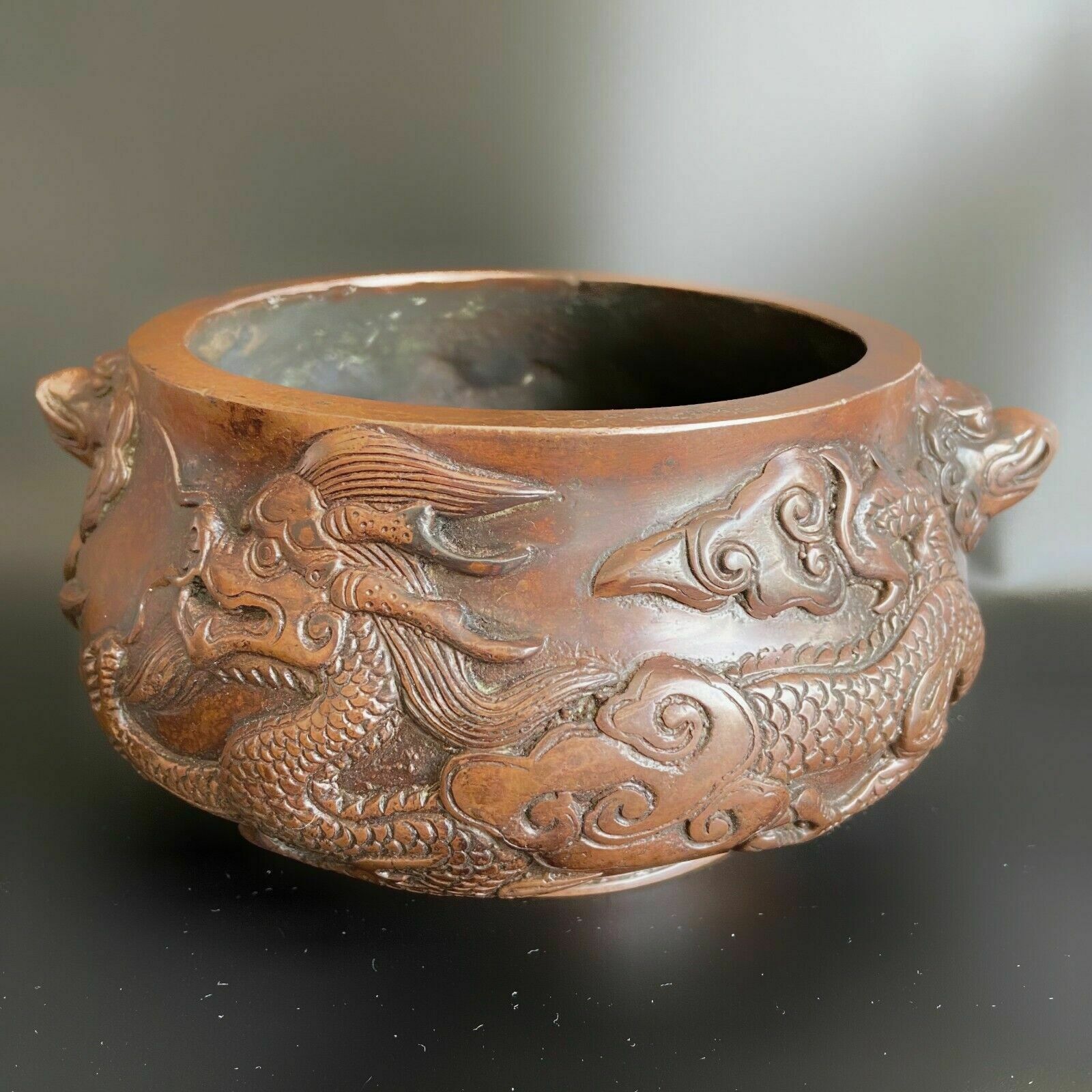 Chinese Bronze Incense Burner Censer Decorated Relief Archaic Dragon And Beast photo furniture