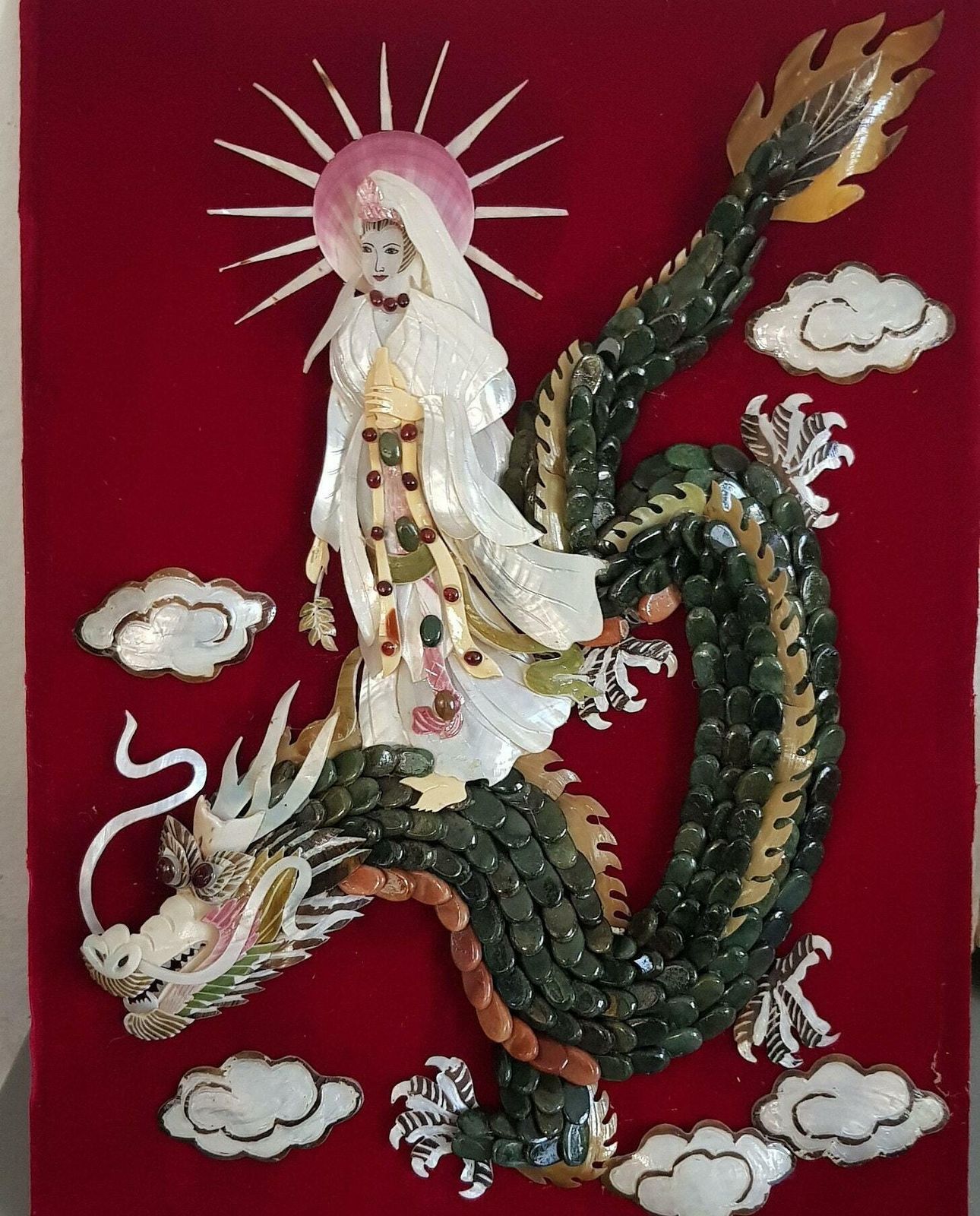 Chinese Dragon Wall Plaque Work Of Art With Precious Materials Mother Of Pearl Semi Precious Stones Wooden Frame And Glassed