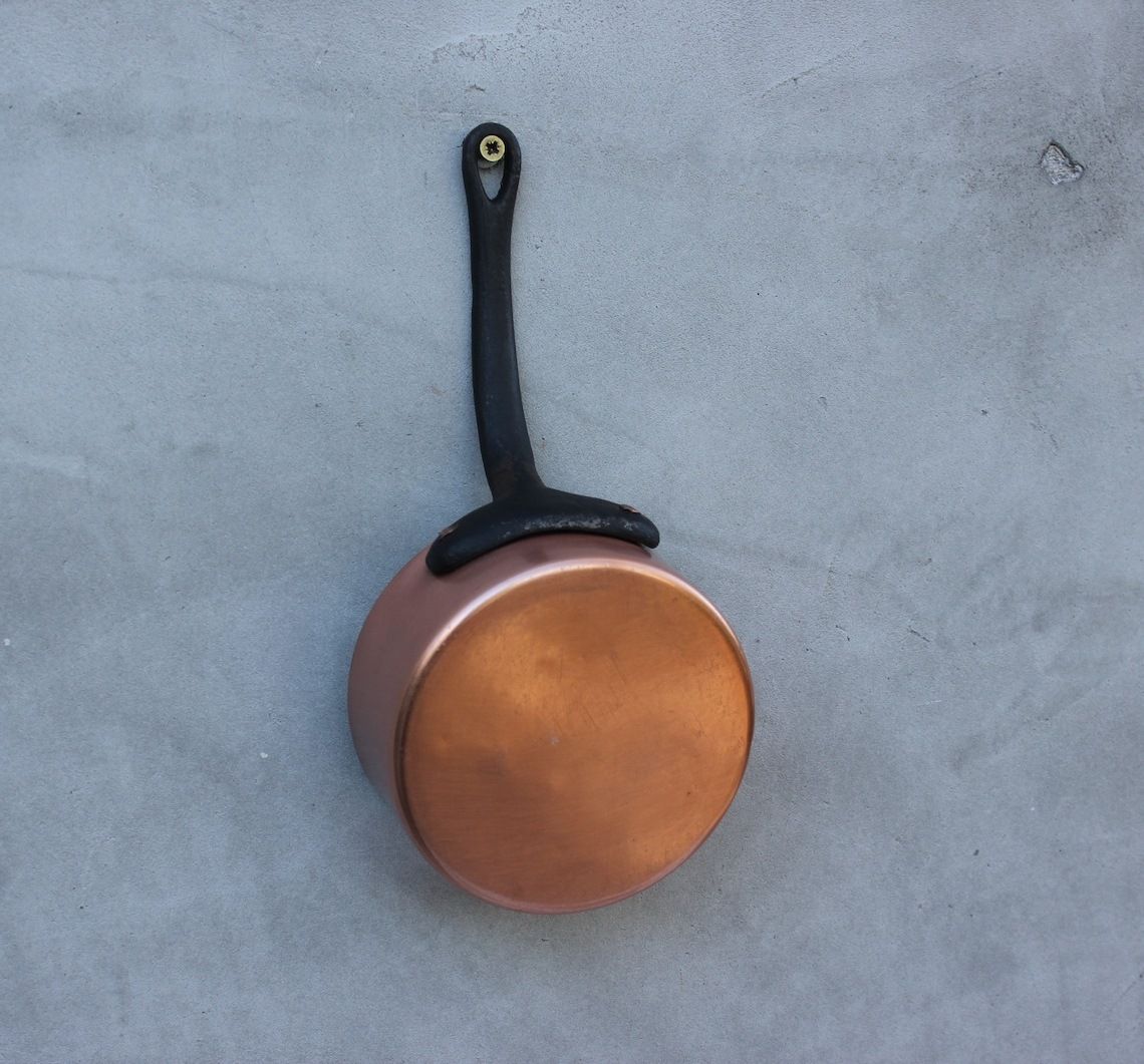 Vintage Copper Pans, Set Of Seven Saucepans With Metal Handles, Rustic Kitchen Utensils And Decoration photo buy