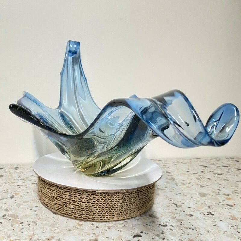 photo for sale Large Murano Center Bowl In Blue And Amber Sommerso Technique