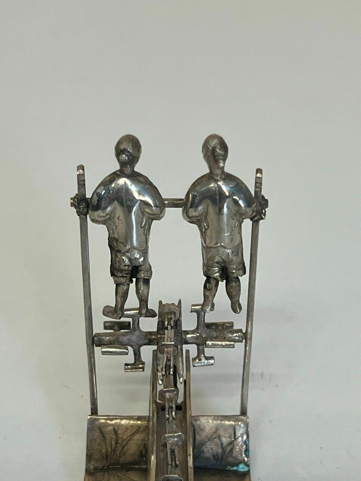 Art Antique Circa 1890 Chinese Sterling Silver Statue Of Men Peddling With A Chain photo