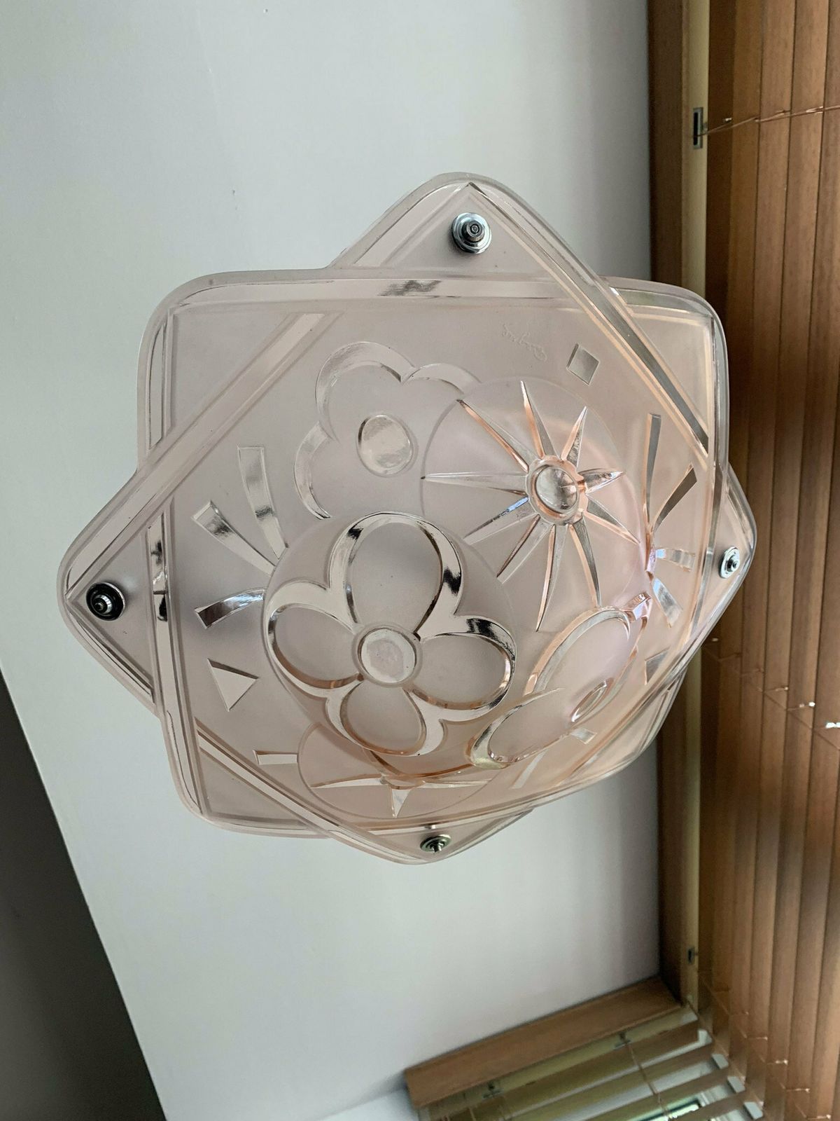 Seriously Gorgeous Original Antique Art Deco Plaffonier/Flycatcher/Cauldron/Chandelier By Degue In Frosted Pink Glass. Superb photo for sale
