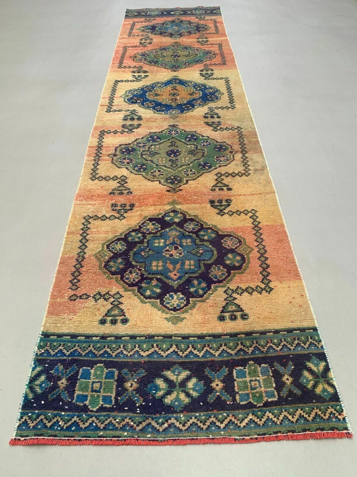 Distressed Turkish Runner 335x81 Cm Wool Vintage Tribal Rug