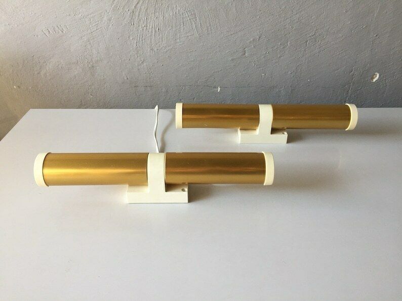 Erco 70s Pair Of Wall Sconces   Gold Coloured Metal Body   Plastic Base   Twin Head German Lighting photo furniture