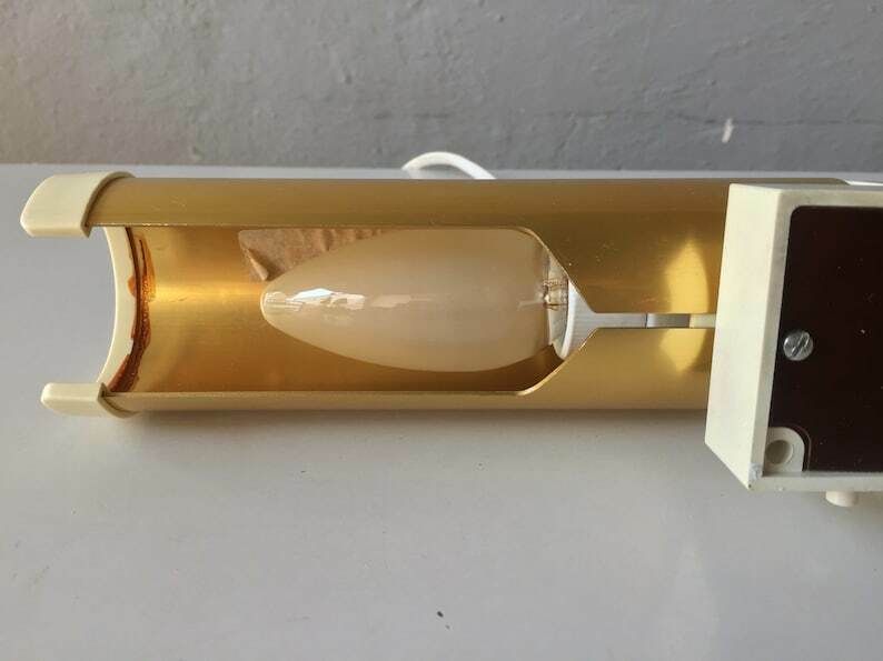 Erco 70s Pair Of Wall Sconces   Gold Coloured Metal Body   Plastic Base   Twin Head German Lighting photo vinterior