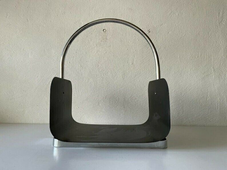 Modernist Arc Shaped Chrome And Black Metal Magazine Stand, 1970s, Germany photo vinterior