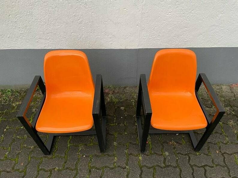 Space Age Orange Plastic Seat And Wood Frame Pair Of Chairs By Möbel Mann, 1960s, Germany photo Furniture