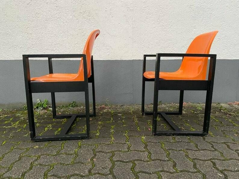 Space Age Orange Plastic Seat And Wood Frame Pair Of Chairs By Möbel Mann, 1960s, Germany photo 2142.0