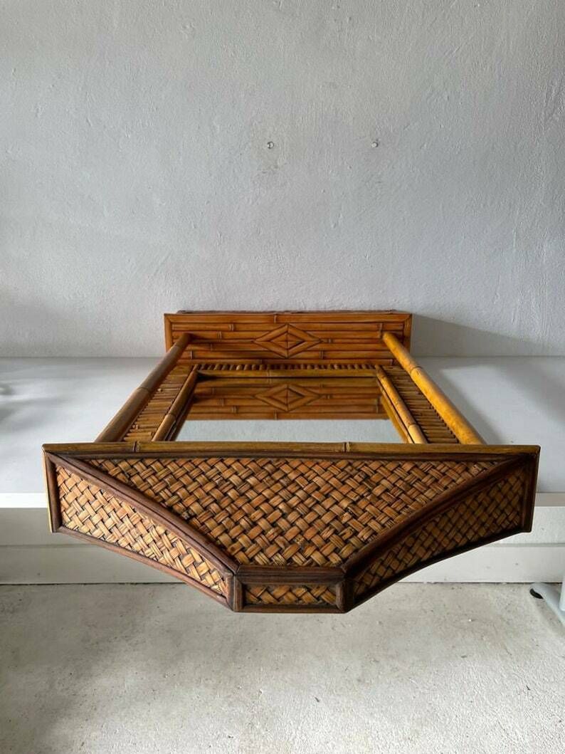 Beautifully Hand Crafted Bamboo Xl Wall Mirror With 2 Drawers, 1960s photo for sale