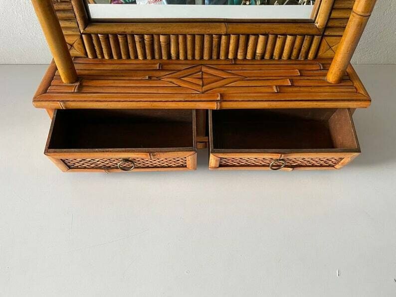 Beautifully Hand Crafted Bamboo Xl Wall Mirror With 2 Drawers, 1960s photo buy