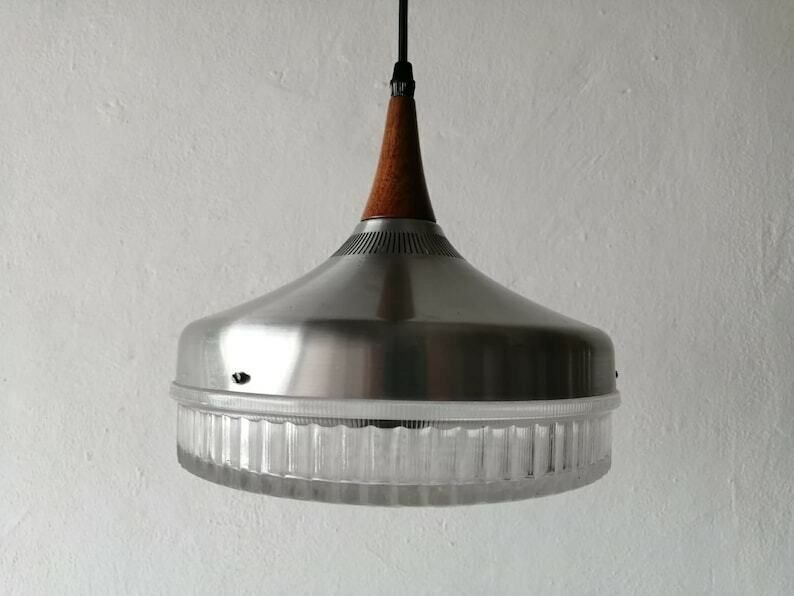Bubble Glass & Metalic Body Ceiling Lamp   Teak Top Detail   1960s Germany photo furniture