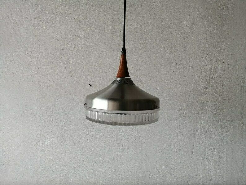 Bubble Glass & Metalic Body Ceiling Lamp   Teak Top Detail   1960s Germany photo vintage