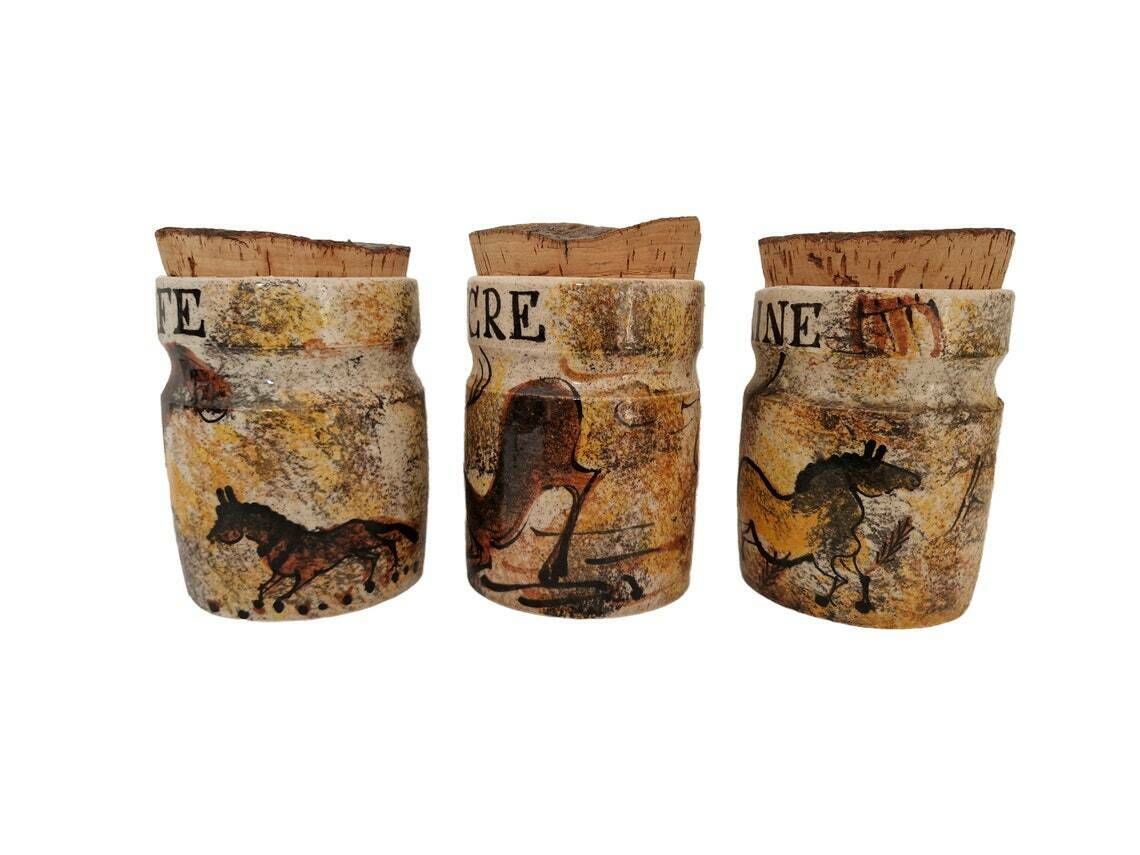 French Pottery Kitchen Canister Set With Cave Paintings Of Prehistoric Animals, Set Of 3, Flour, Sugar And Coffee Jars photo 158.0