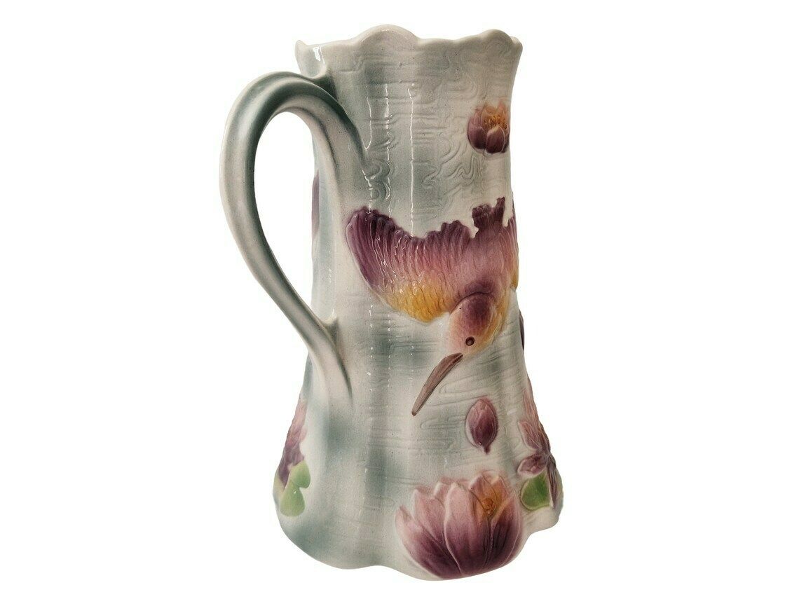 French Majolica Water Pitcher With Kingfisher And Water Lilies, Vintage Saint Clement Ceramic Jug photo furniture
