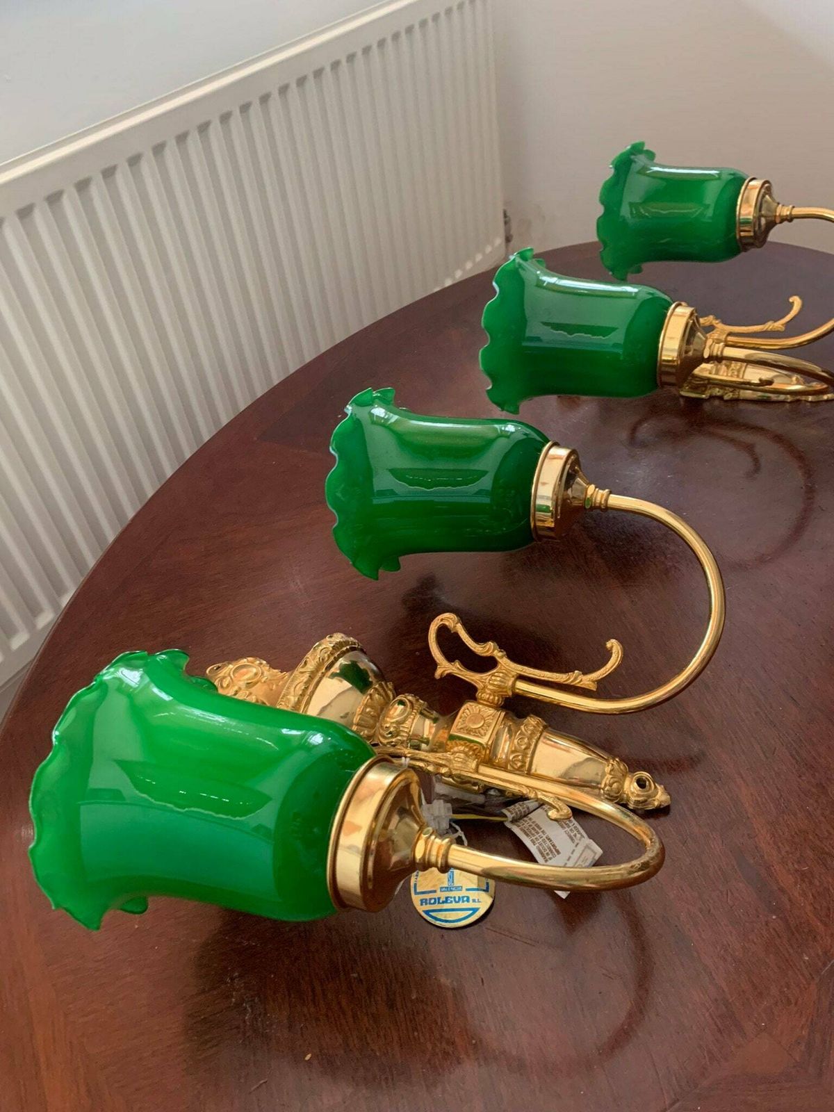 Vintage Pair Of Spanish Gold Plated Double Wall Lights/Sconces With Hand Blown Emerald Green Glass Shades. Superb photo buy