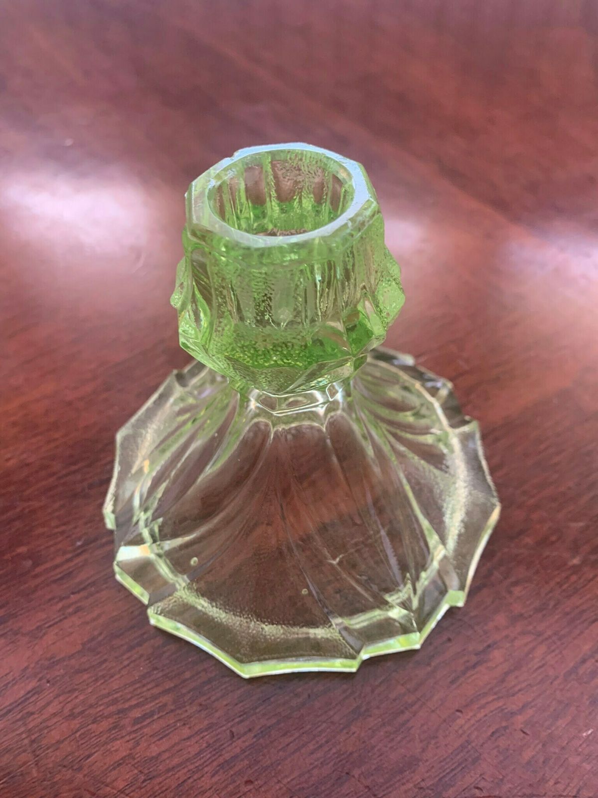 A Beautiful Pair Of Original Antique Art Nouveau Uranium Semi Frosted Vaseline Glass Candlesticks. Superb photo furniture