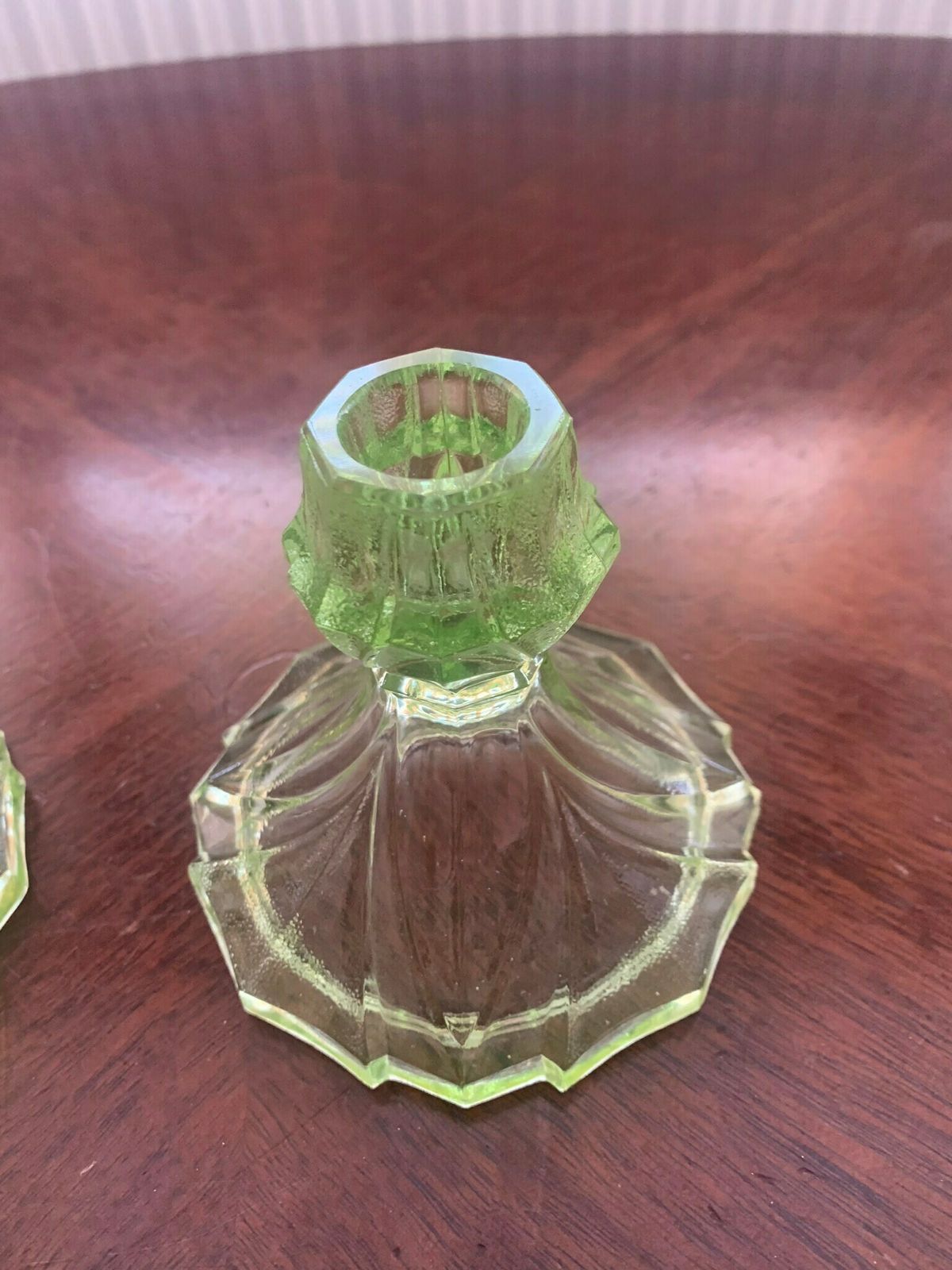 A Beautiful Pair Of Original Antique Art Nouveau Uranium Semi Frosted Vaseline Glass Candlesticks. Superb photo for sale