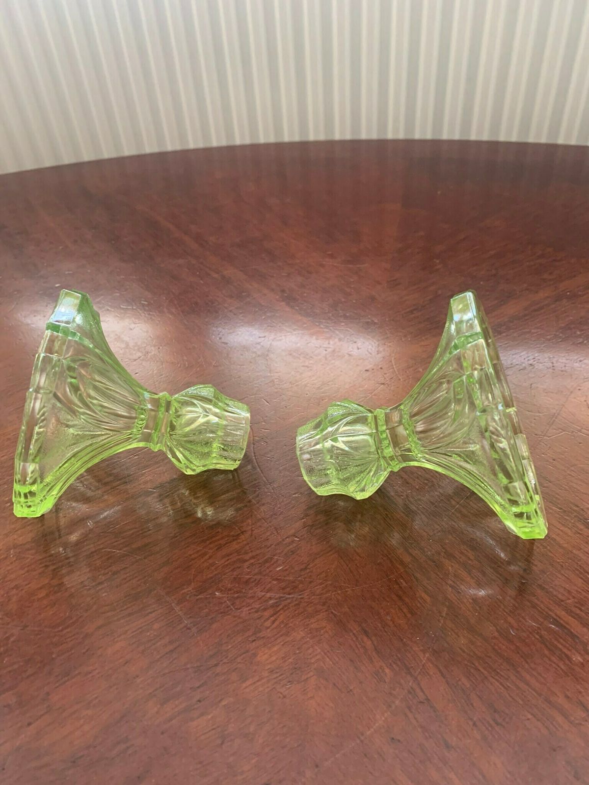 A Beautiful Pair Of Original Antique Art Nouveau Uranium Semi Frosted Vaseline Glass Candlesticks. Superb photo buy