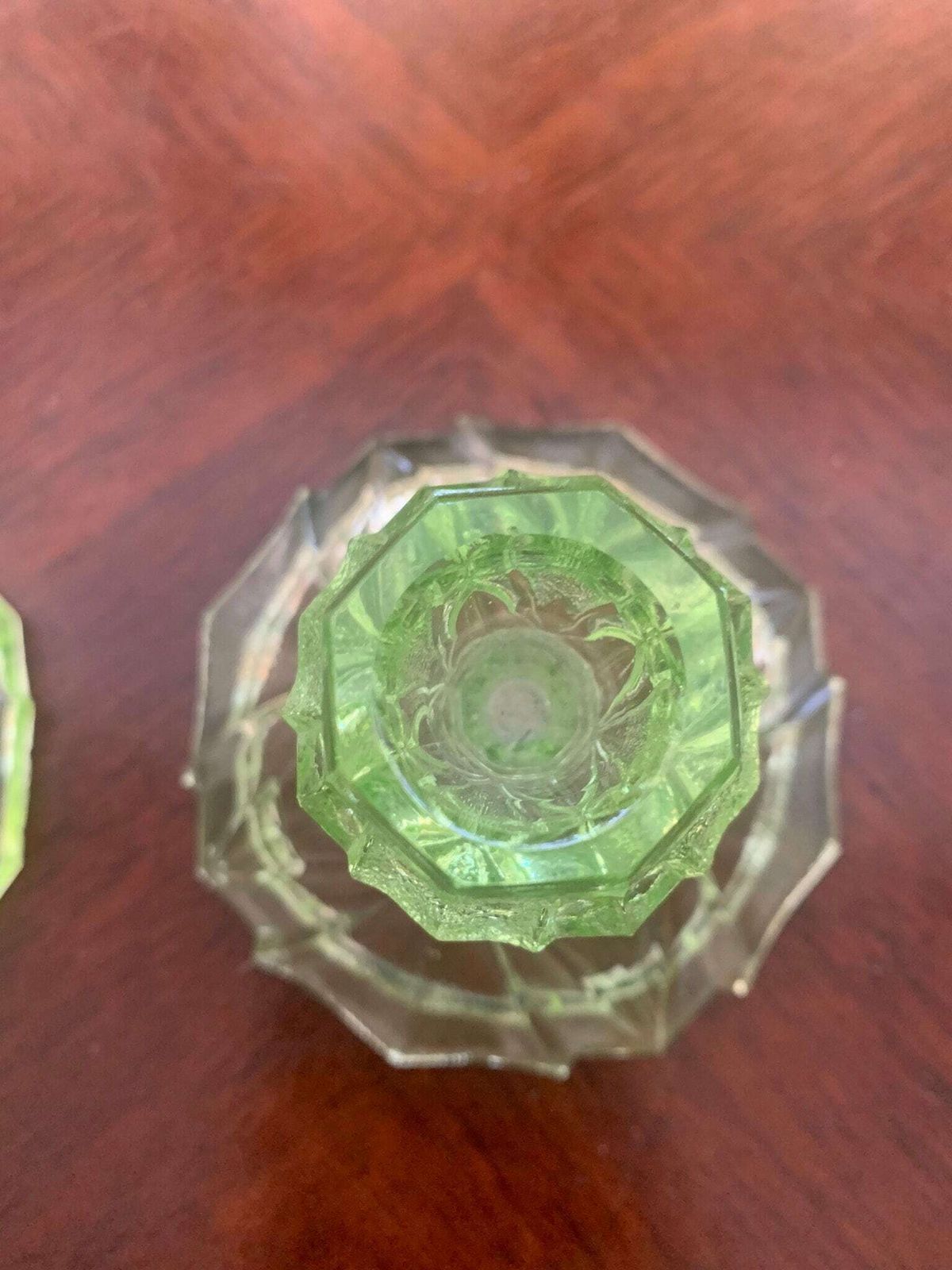 photo furniture A Beautiful Pair Of Original Antique Art Nouveau Uranium Semi Frosted Vaseline Glass Candlesticks. Superb