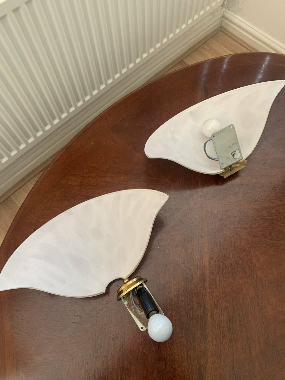 photo furniture A Classy Vintage Pair Of Art Deco Style Cased Glass Odeon Wall Lights/Sconces White Marbled Effect