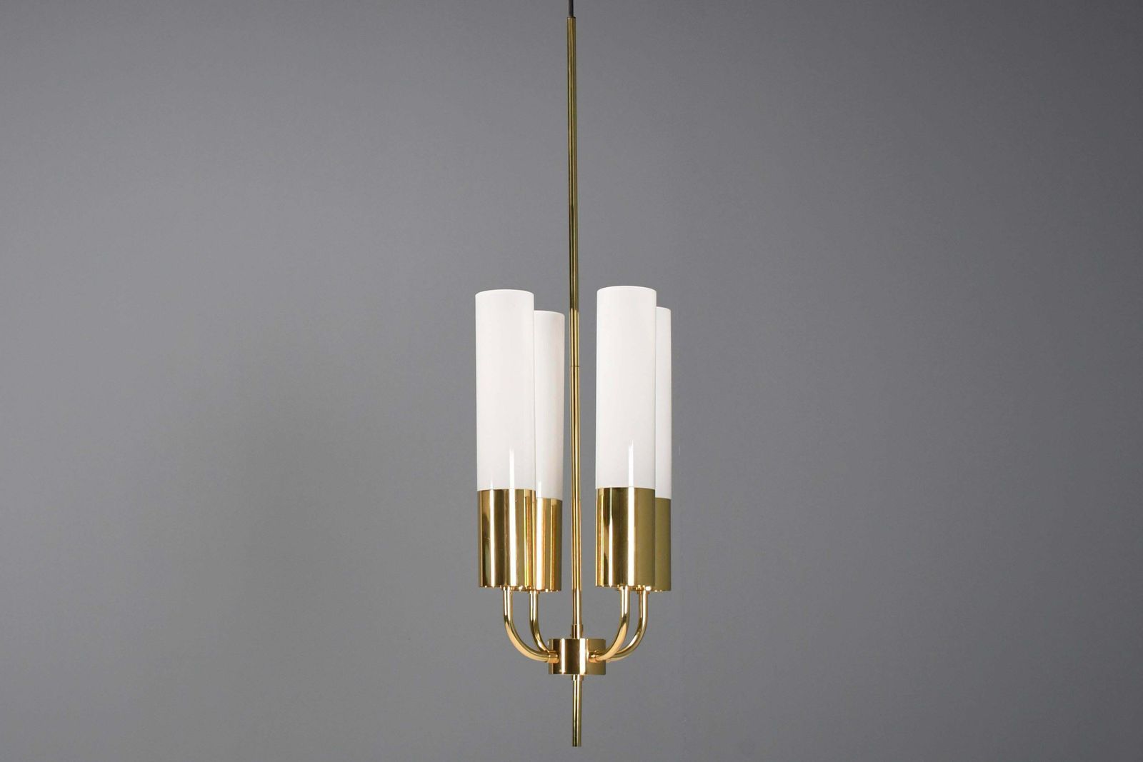 1 Of 2 Large Glashütte Limburg Brass & Opaline Chandelier, 1970s photo for sale