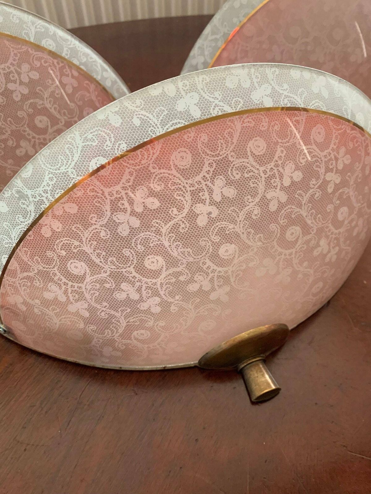 Original Vintage Trio Of Art Deco Odeon Pink & White English 50s Mcm Lace Pattern Wall Lights/Sconces photo 750.0