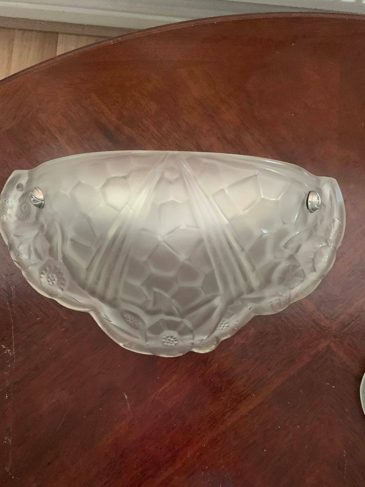 An Original Antique Pair Of French Art Deco Pressed Frosted Glass Odeon Wall Lights/Sconces By Degue photo for sale