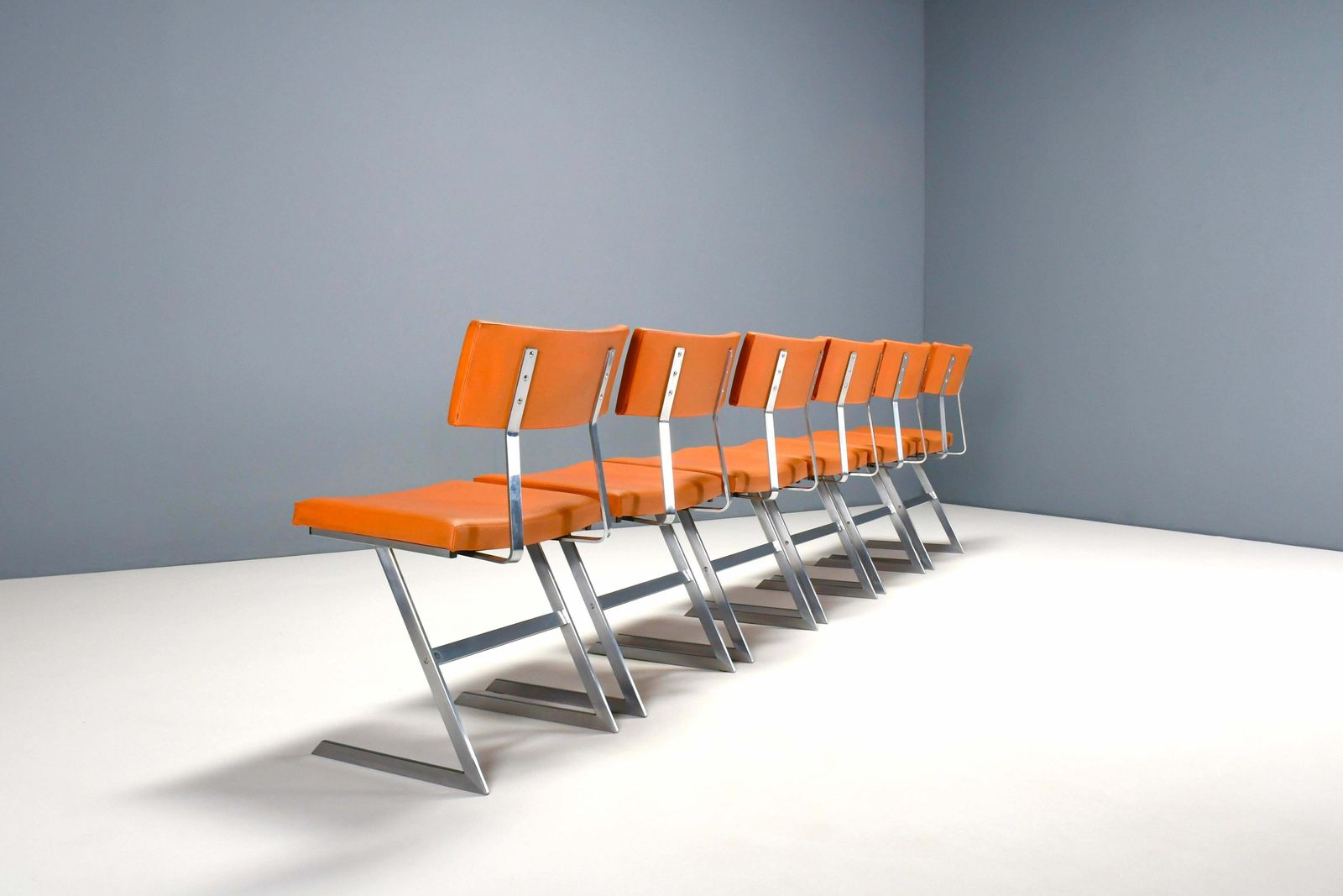 Set Of Six ‘Zig Zag’ Chairs In Metal And Orange Leatherette, Belgium 1960s photo Furniture