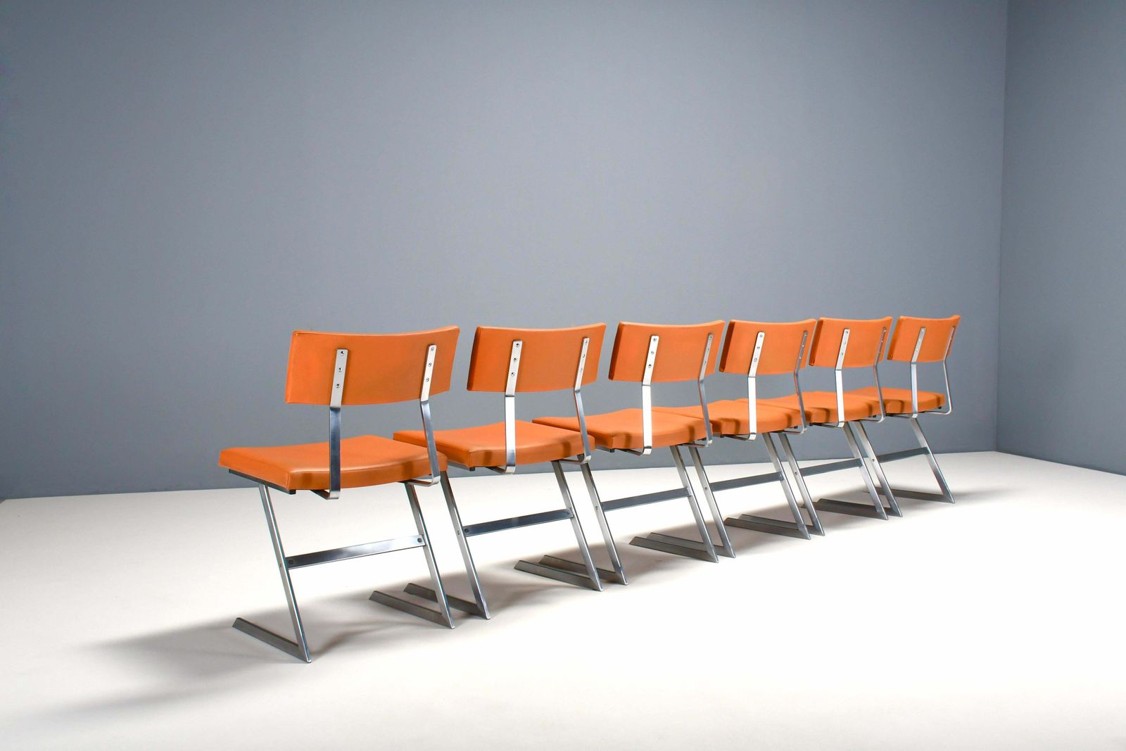 Set Of Six ‘Zig Zag’ Chairs In Metal And Orange Leatherette, Belgium 1960s photo 4414.0
