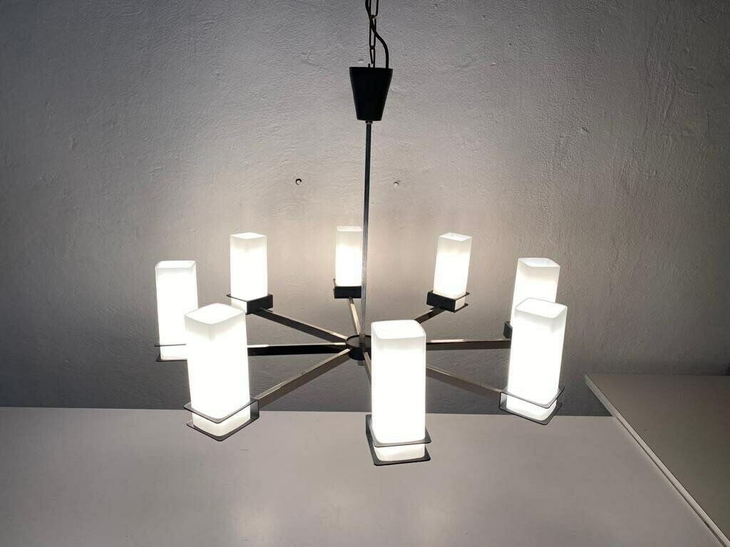 photo for sale Excellent 8 Cylinder Opal Glass Tubes And Black Chrome Metal Body Atomic Xxl Chandelier, 1970s, Germany