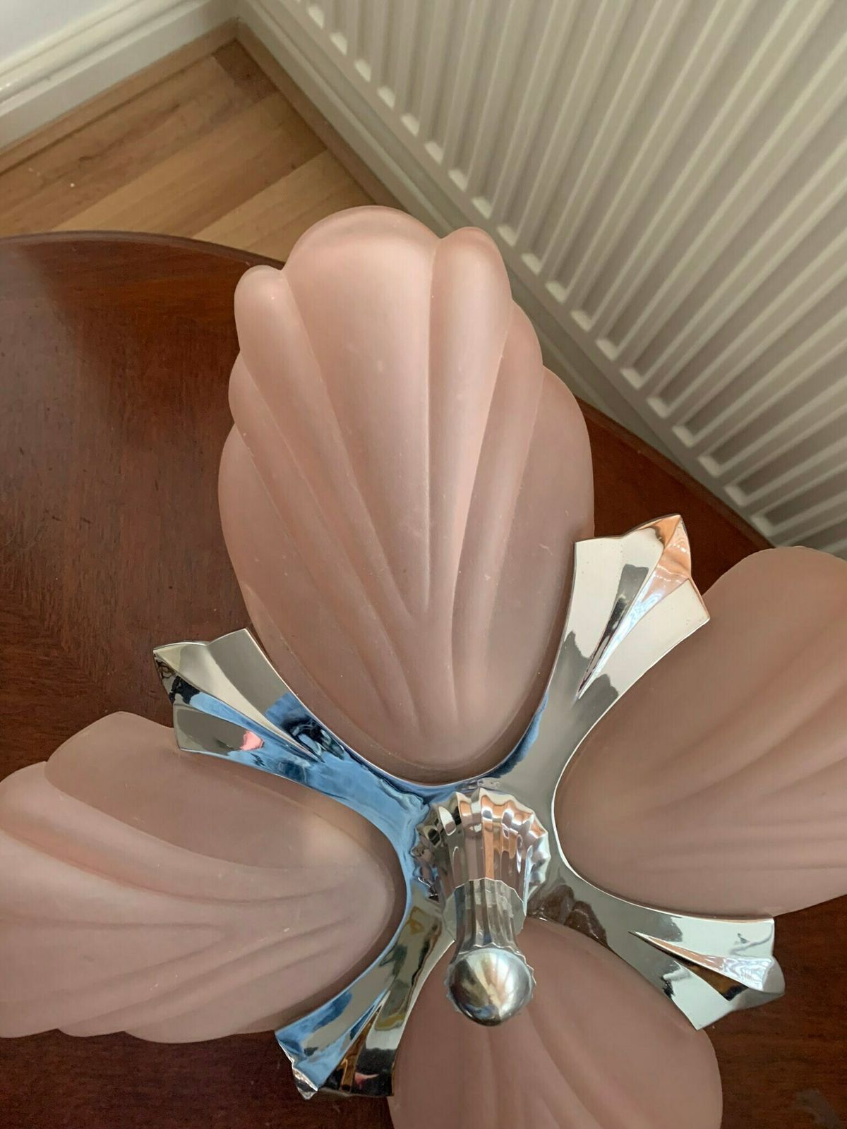Original Vintage Art Deco Style 60s Baby Pink & Chrome Scallop/Clam Shell Four Section Ceiling Light/Chandelier photo vintage