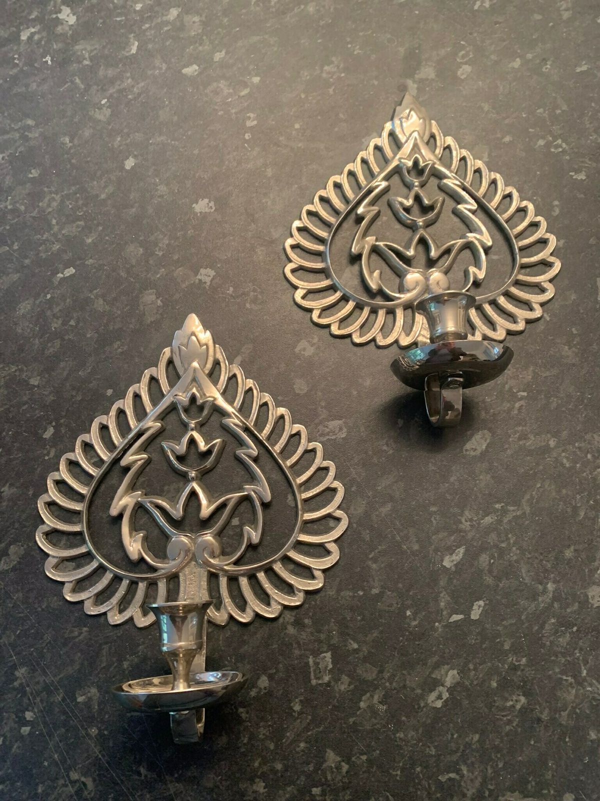 Vintage Pair Of Steel Chrome Plated Wall Hanging Candle Sconces. Superb
