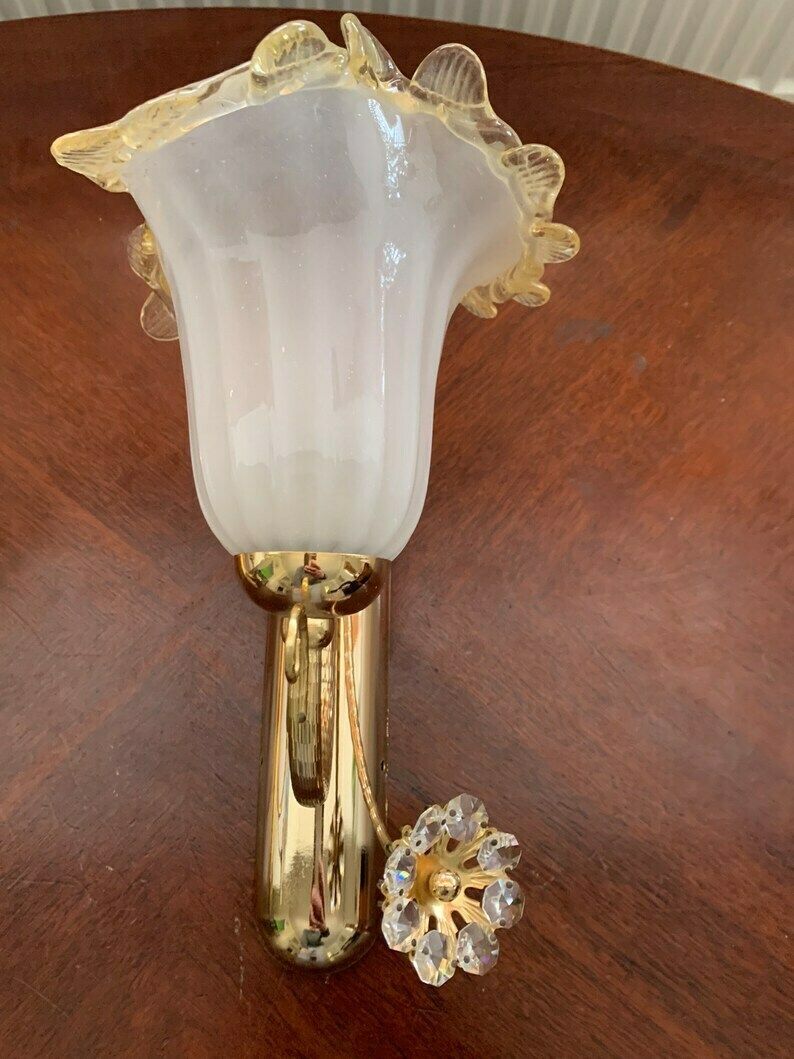 Exquisite Original Vintage Pair Of Gold Plated Odeon Wall Lights With Hand Blown Murano Shades & Swarovski Crystal Flowers photo Lighting
