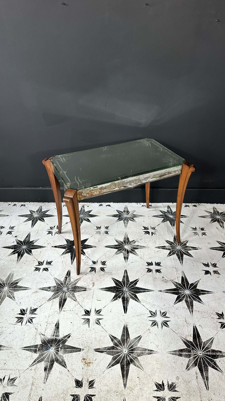 Original French 1930’s Mirror Side Table. Etched Mirror Glass. Dainty French Chic. photo for sale