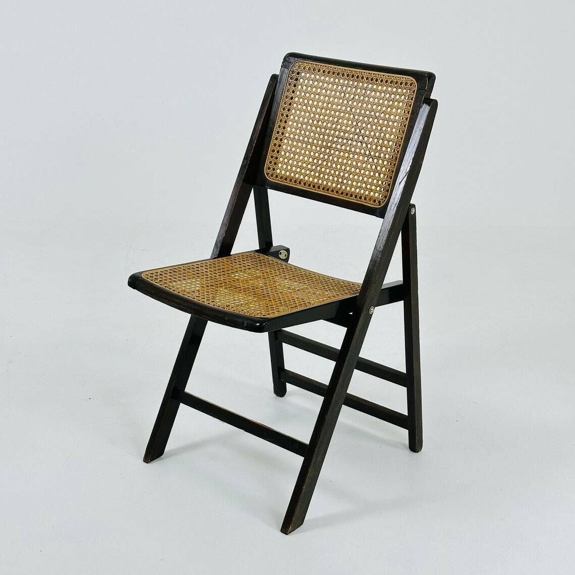 Rattan Vintage Folding Chair Gilles Ebonized Italy, 1960s photo for sale