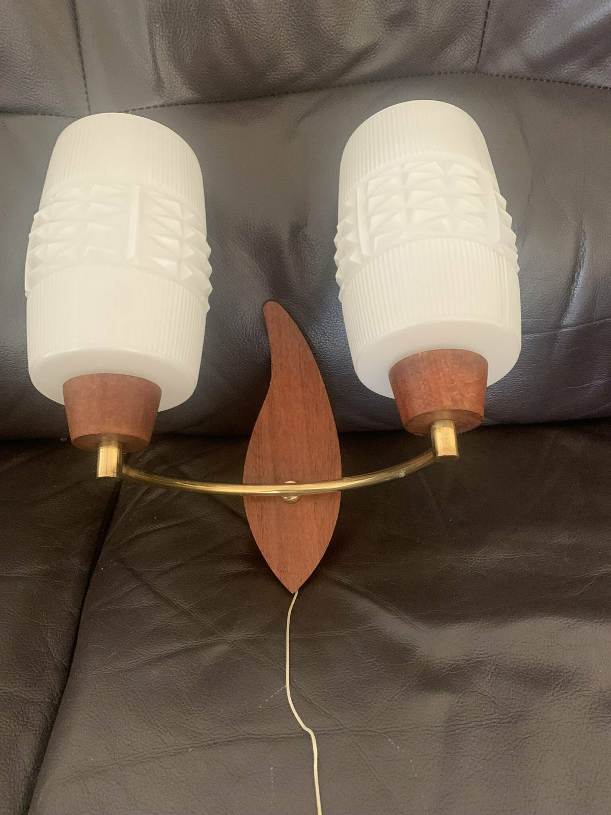 photo for sale Original Mcm Vintage Retro 60s Pair Of Danish Double Pull Chord Wall Lights/Sconces Teak & Opaline Glass Superb