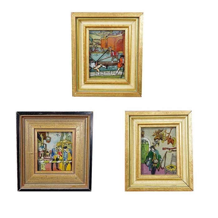 Three Vintage Behind Glass Paintings With Biedermeier Scenes photo furniture