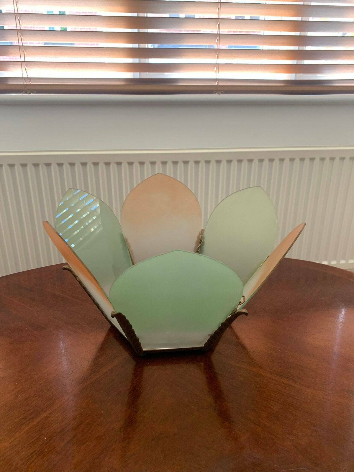 Original Antique Art Nouveau/Art Deco Pink And Green Bronze & Plate Glass Pendant Light Shade photo furniture